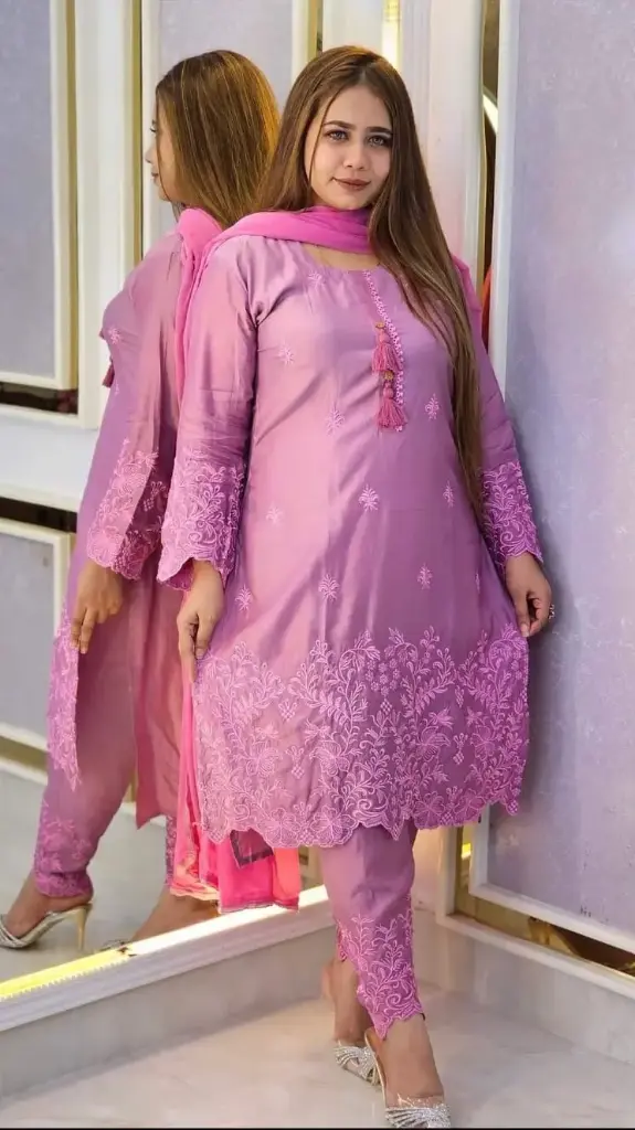 Cotton Embroidery Three Piece  Fabrics: Cotton Design: Full body embroidery Size: Long: 44 Body: 40,42,44