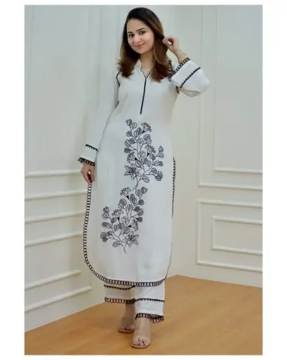 Organdi cotton two piece  Most demanding party dress Two Piece = kamiz+salower Kamiz: organdi Pure cotton Salower: cotton Work : screen print Kamiz long 46+ Body Free Size: 44 Salowar Free Sieze